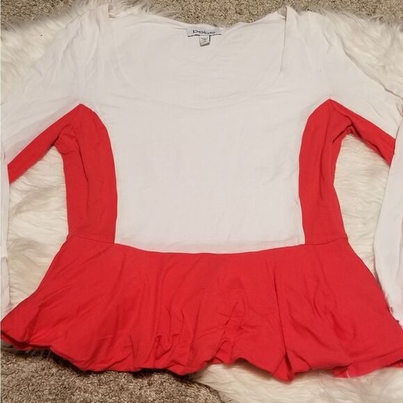 BEBE white/red longsleeve peplum style blouse - Picture 2 of 6